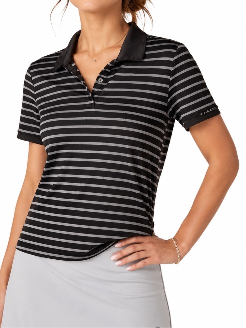 Oakley Performance Fit Polo Top Golf Tennis SS Shirt Collar Striped Grey Black M
